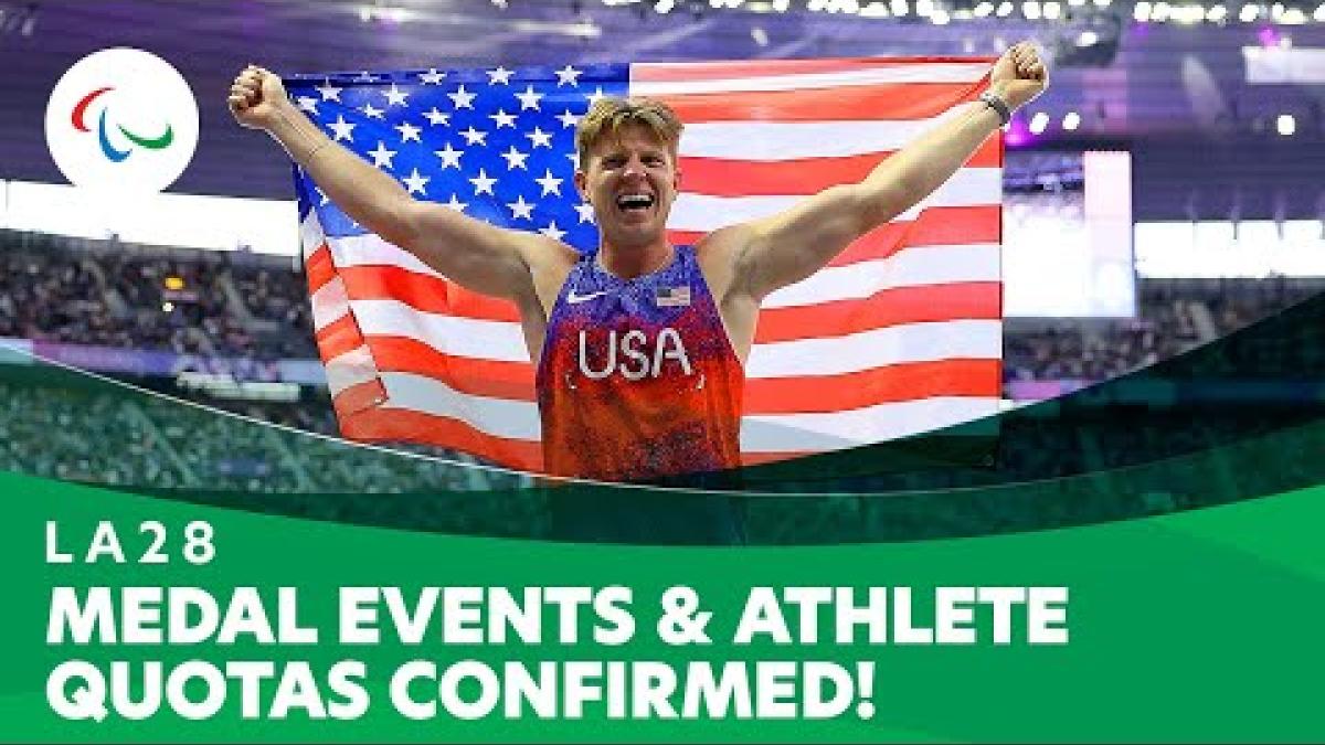 LA28 medal events and athletes quota are announced. Thumbnail shows photo of a US track and field athlete celebrating by holding a USA flag