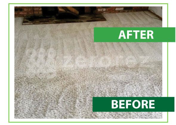 Before-and-after comparison of a carpet cleaning, showing a visibly cleaner, brighter section above and a darker, dirtier section below with text labels 