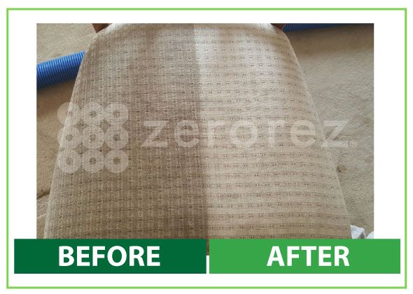Before-and-after comparison of carpet cleaning, showing a darker, dirtier section on the left and a lighter, freshly cleaned section on the right with 