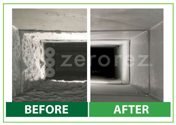 Before and after professional air duct cleaning by Zerorez with visibly cleaner ductwork