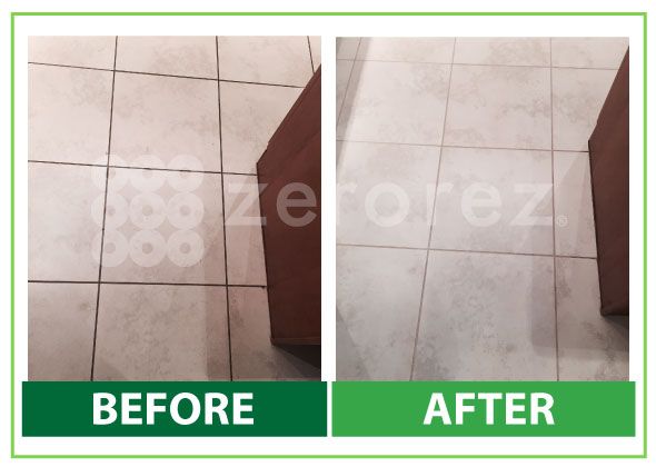 Zerorez tile cleaning before and after showing restored tile floors and brightened surface